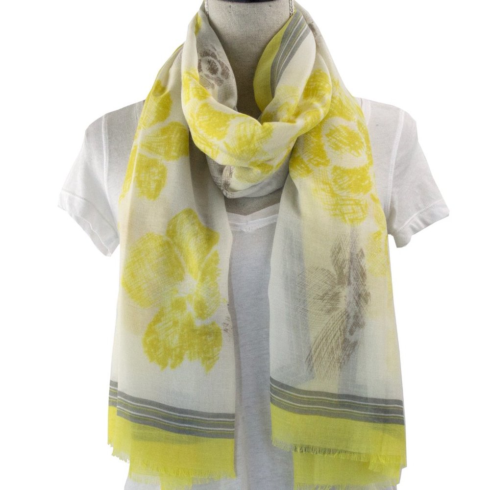 Watercolor Flower Frayed Cotton-Viscose Yellow Women Scarf